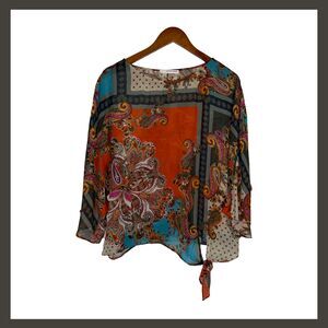 Lavender Brown Paisley Rococo Sheer Boho Blouse Asymmetrical Hem Women L